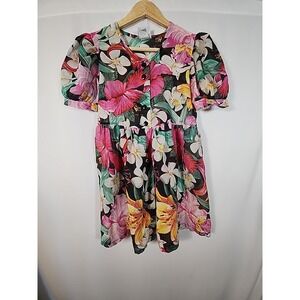 Diane Von Furstenberg Floral Print Puff Sleeve Babydoll Top Women 12 Vintage 80s